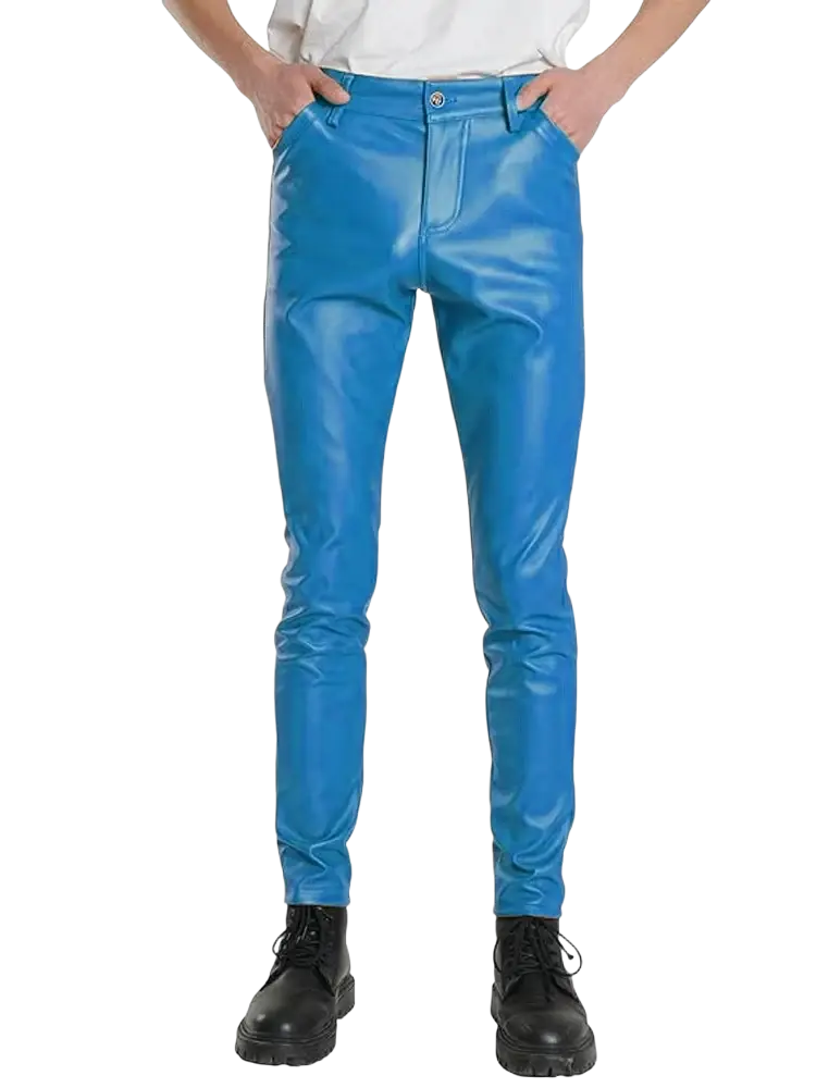 Light blue pu leather slim fit men trousers in bright blue shiny faux leather with a slim fit design