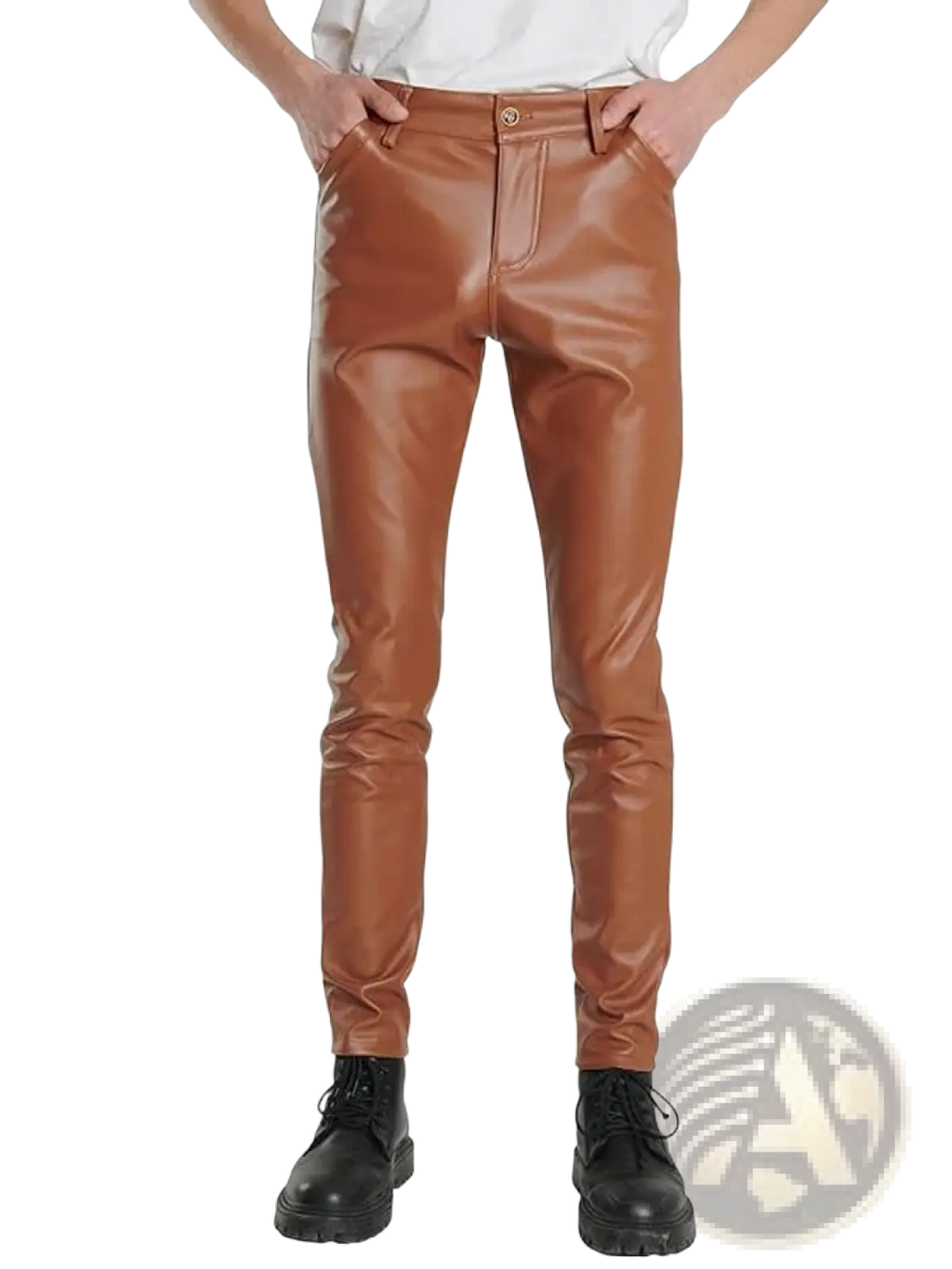 Tan faux leather slim-fit pants with a glossy finish and gold-tone button complement light blue pu leather slim fit men trousers