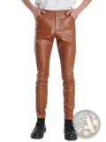 Tan faux leather slim-fit pants with a glossy finish and gold-tone button complement light blue pu leather slim fit men trousers
