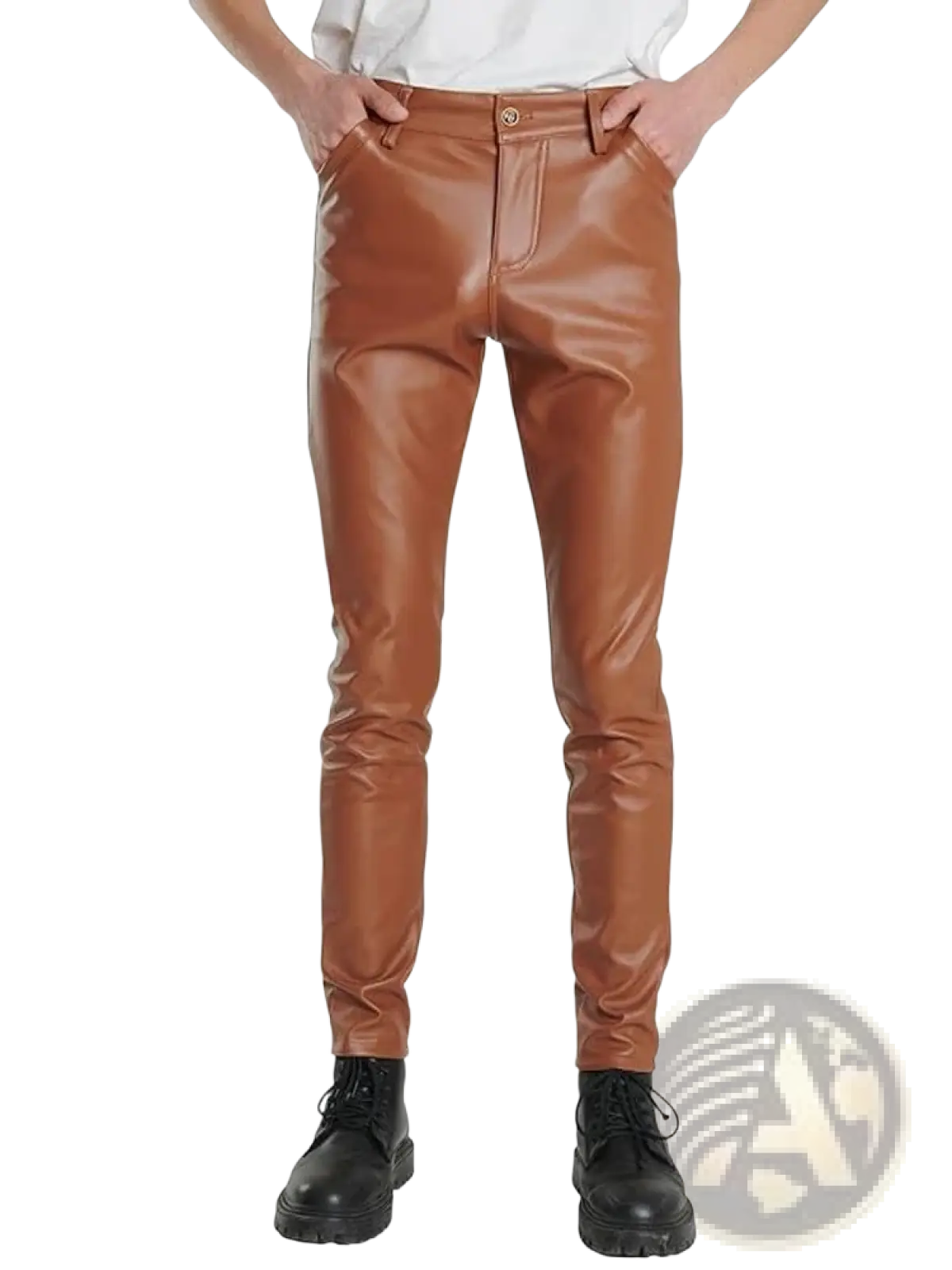 Tan faux leather slim-fit pants with a glossy finish and gold-tone button complement light blue pu leather slim fit men trousers
