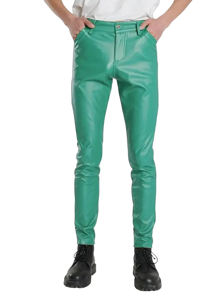 Emerald green faux leather slim-fit pants complement light blue pu leather slim fit men trousers collection