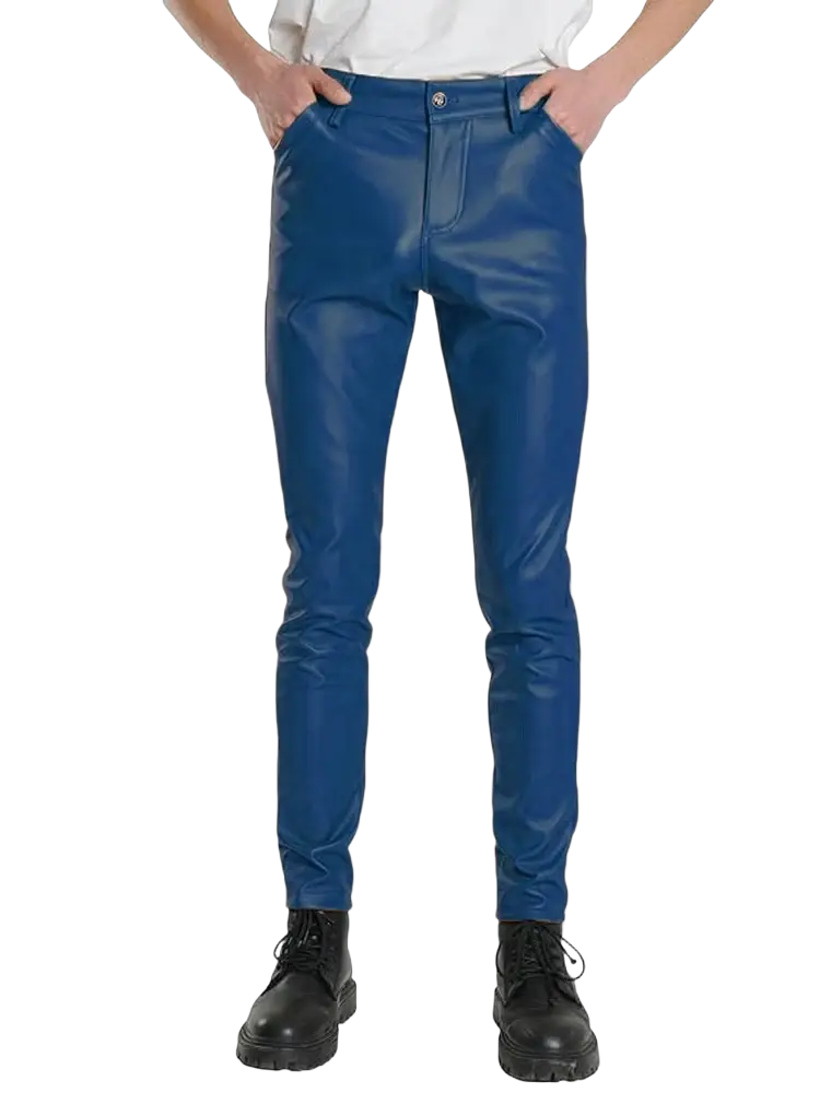 Light blue pu leather slim fit men trousers in blue faux leather showing front side details