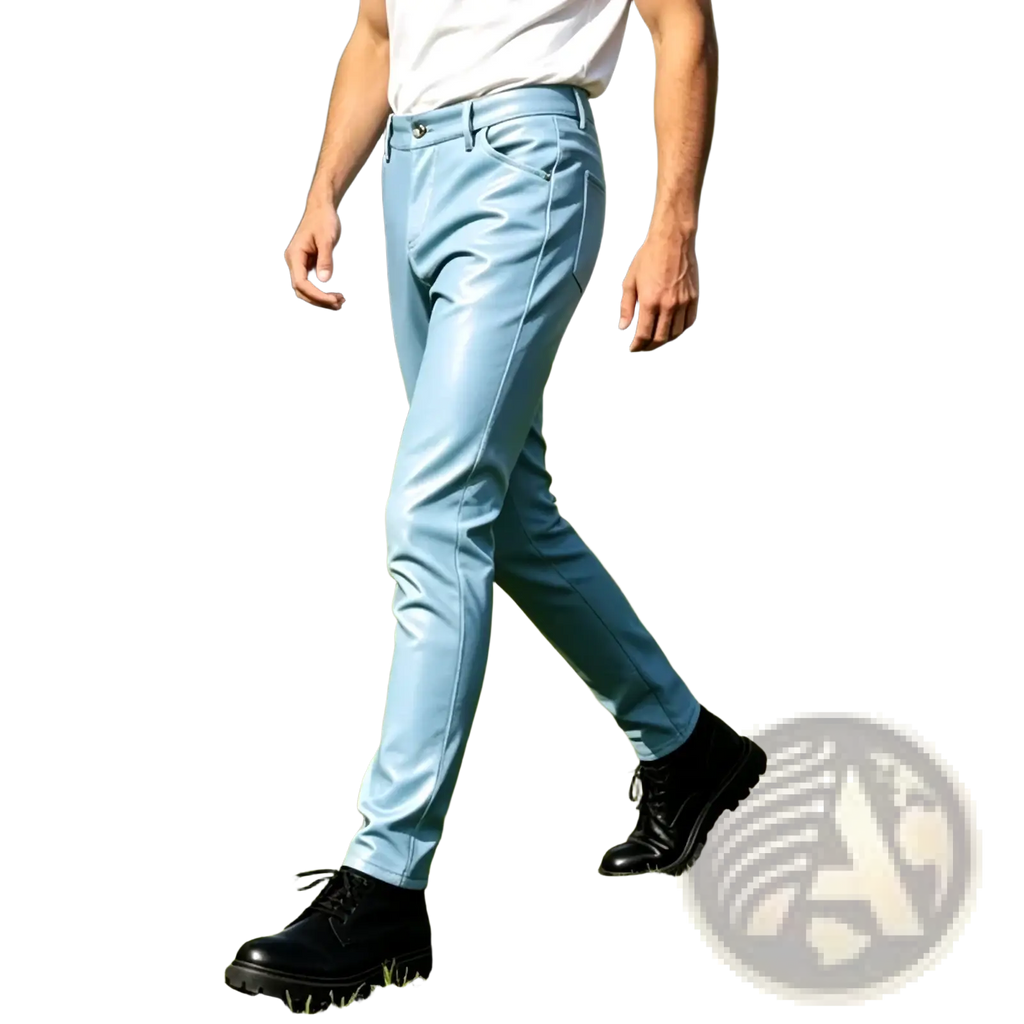 Light blue pu leather slim fit men trousers made of faux leather with a sleek slim fit design