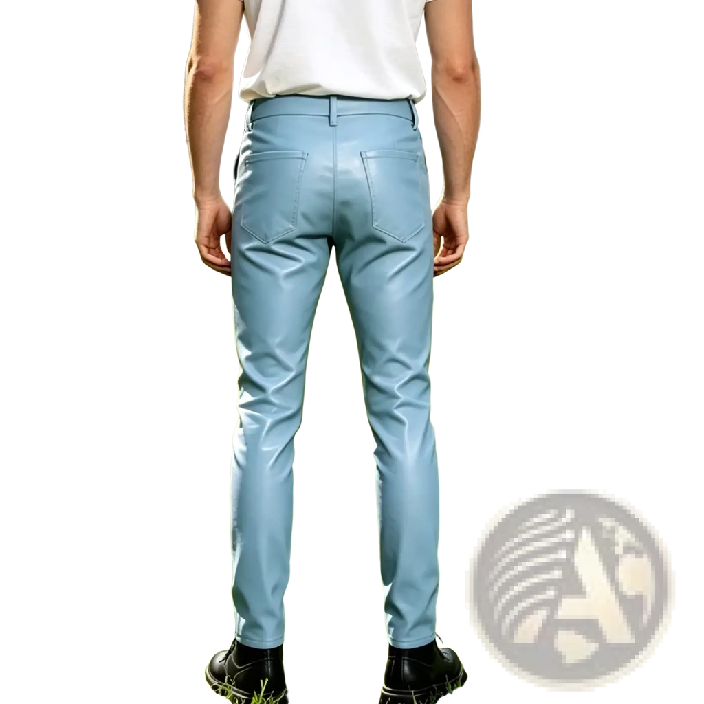 Light blue slim fit men trousers made of pu leather showcasing smooth faux leather texture and modern design