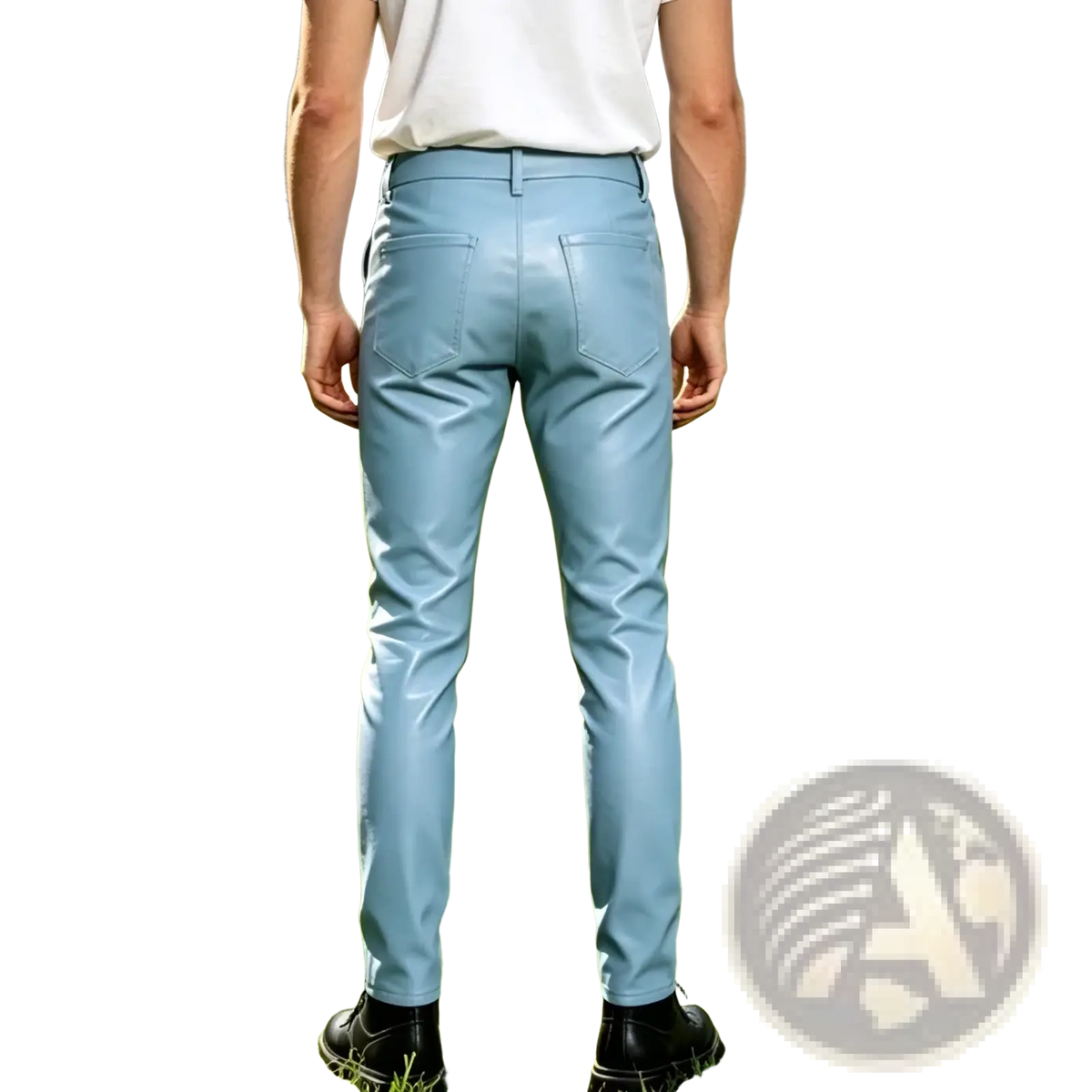 Light blue slim fit men trousers made of pu leather showcasing smooth faux leather texture and modern design