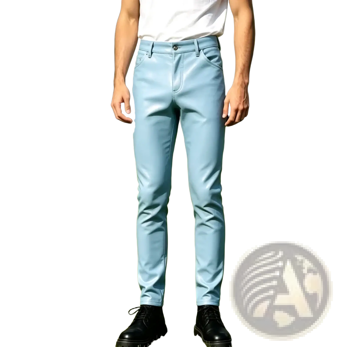 Light blue pu leather slim fit men trousers made from faux leather with a sleek, modern design