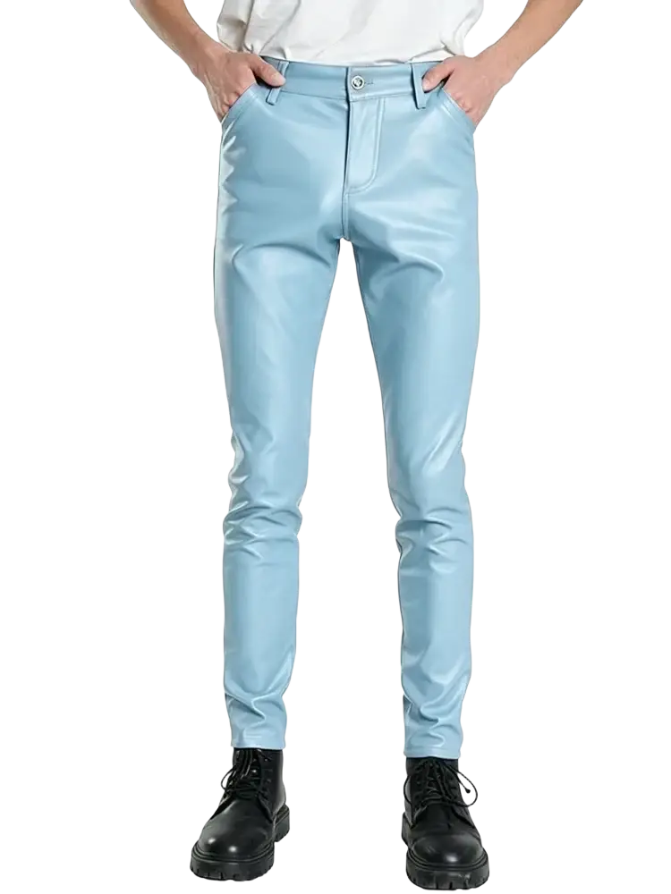 Light blue slim fit men trousers made of pu leather showcasing a sleek and modern design