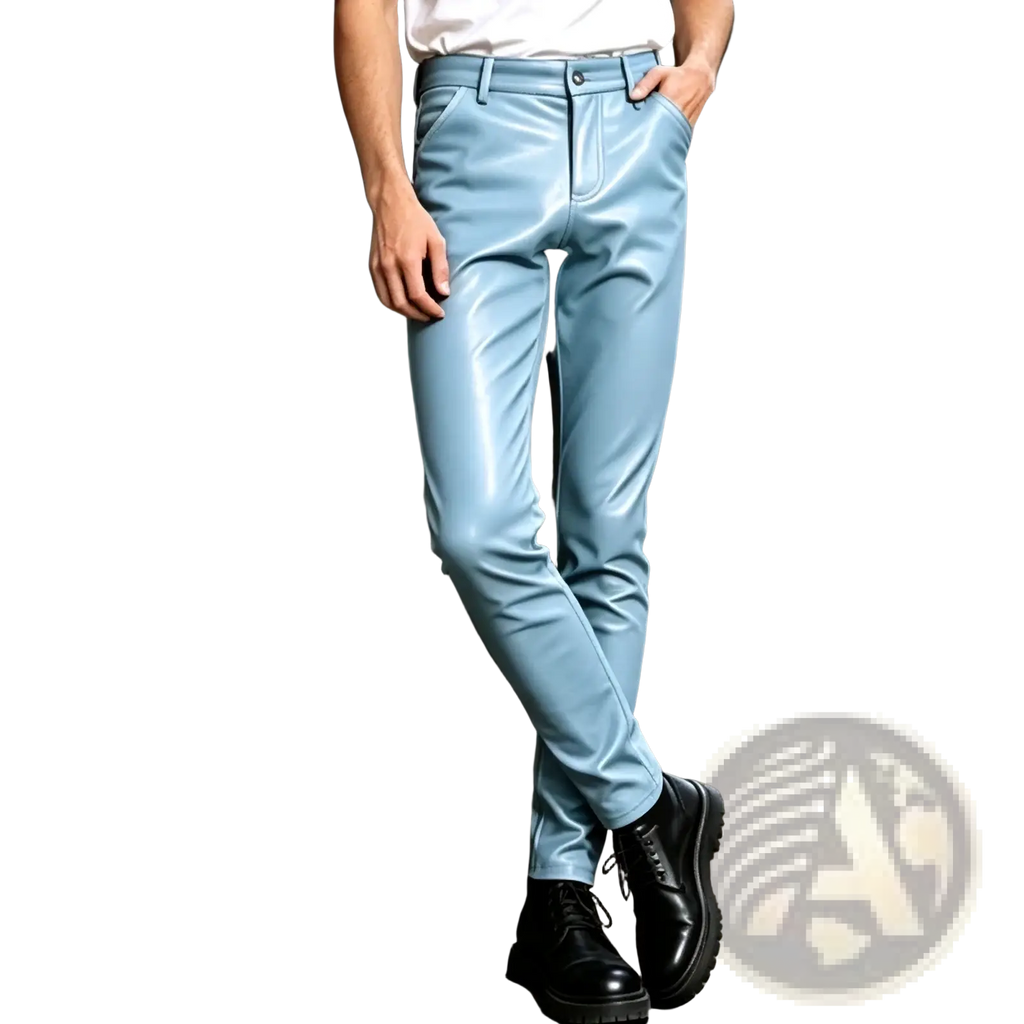 Light blue pu leather slim fit men trousers featuring a glossy finish and classic five-pocket design