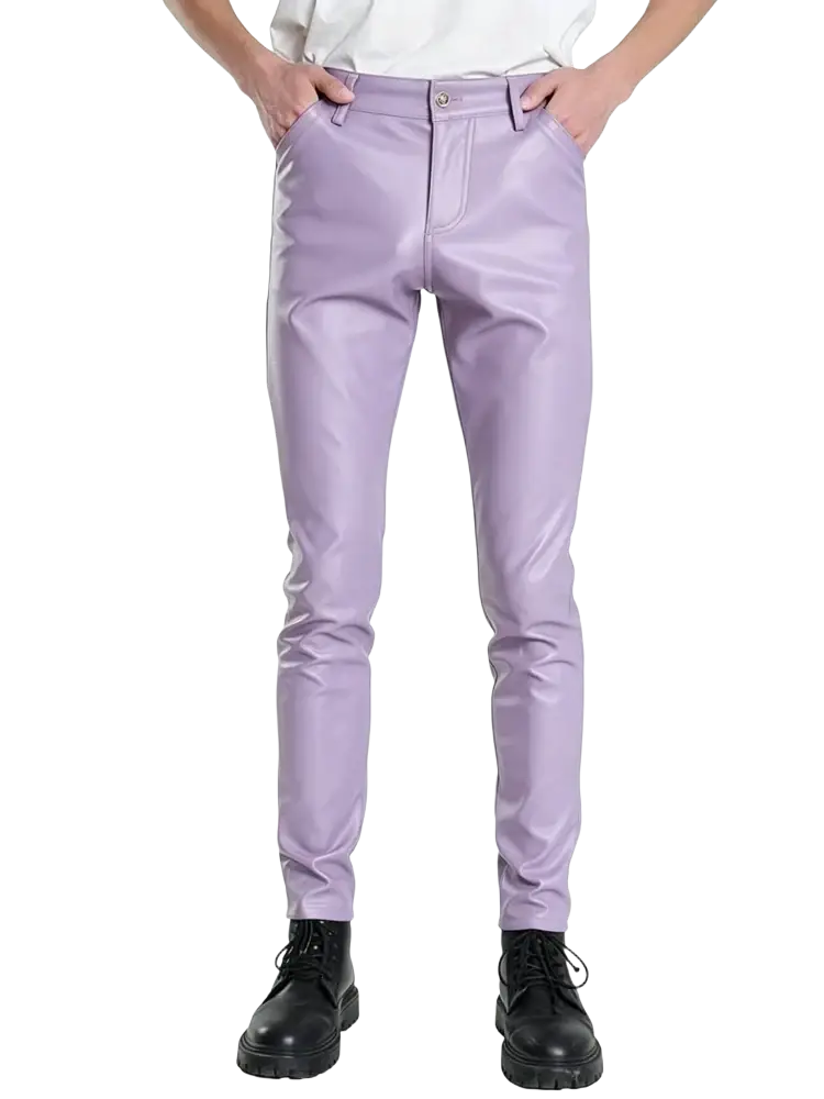 Purple faux leather slim fit men trousers shown from the back highlighting their sleek and modern design