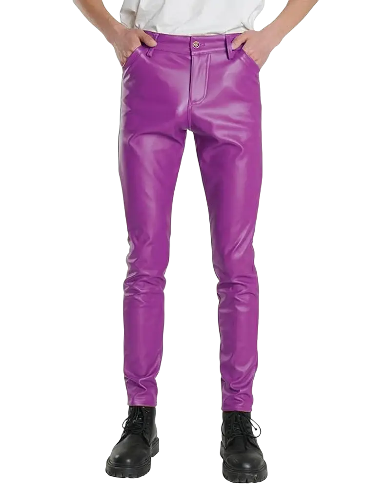 Purple faux leather slim-fit men trousers showcasing a sleek and modern design in a vibrant color