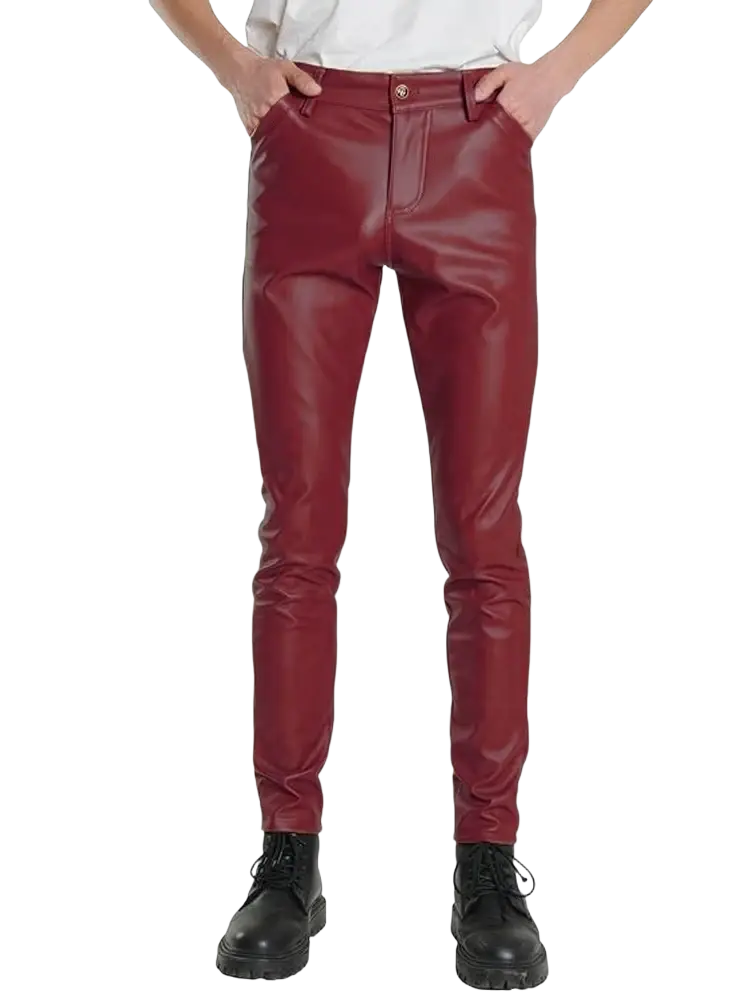 Red faux leather slim-fit men trousers complementing light blue pu leather slim fit design for stylish wear
