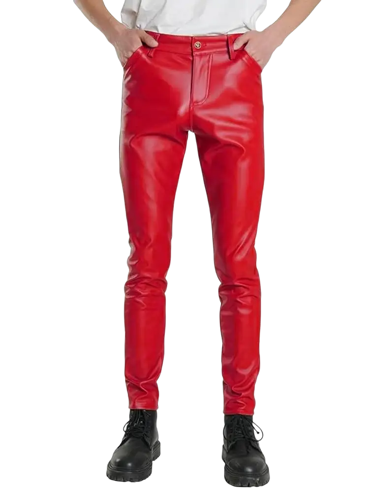 Light blue pu leather slim fit men trousers with red glossy faux leather slim-fit pants and gold-tone button details