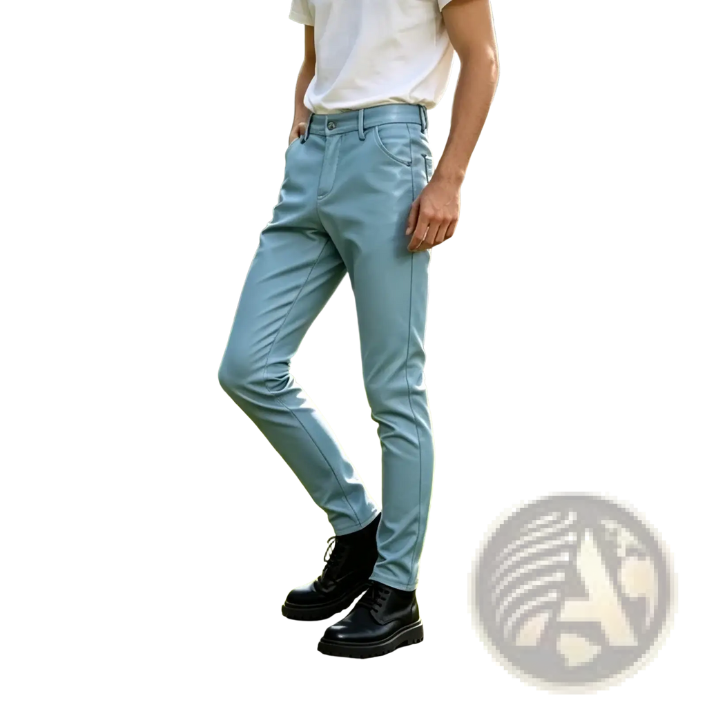 Light blue slim fit men trousers made of pu leather with a smooth slightly glossy finish