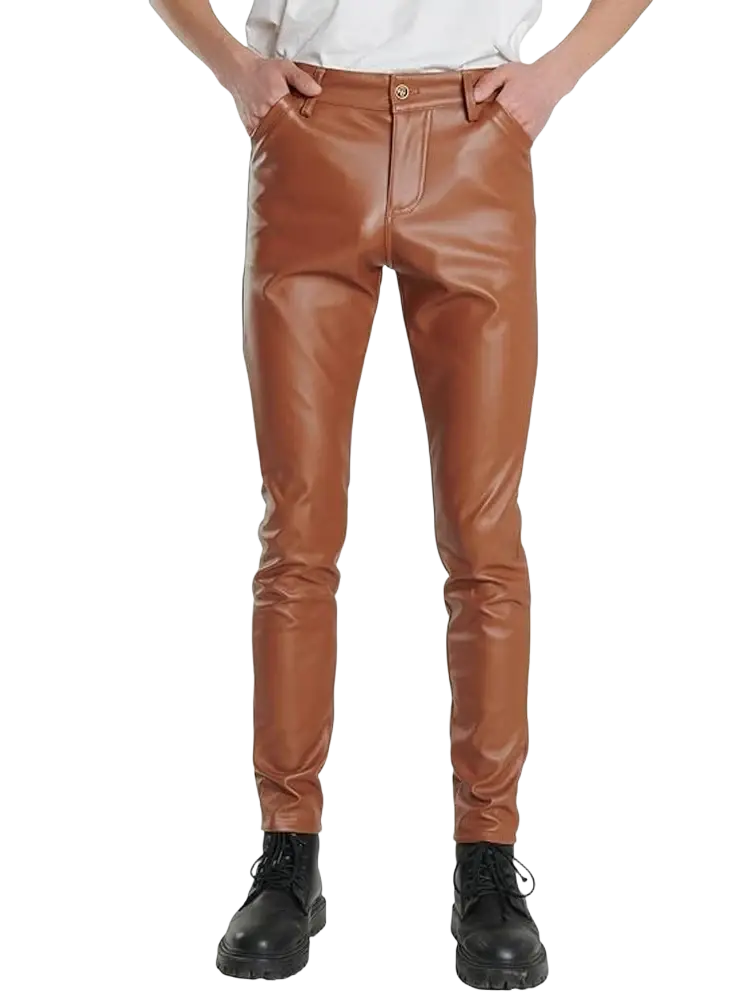Tan faux leather slim-fit pants with a glossy finish and gold-tone button complement light blue pu leather slim fit men trousers