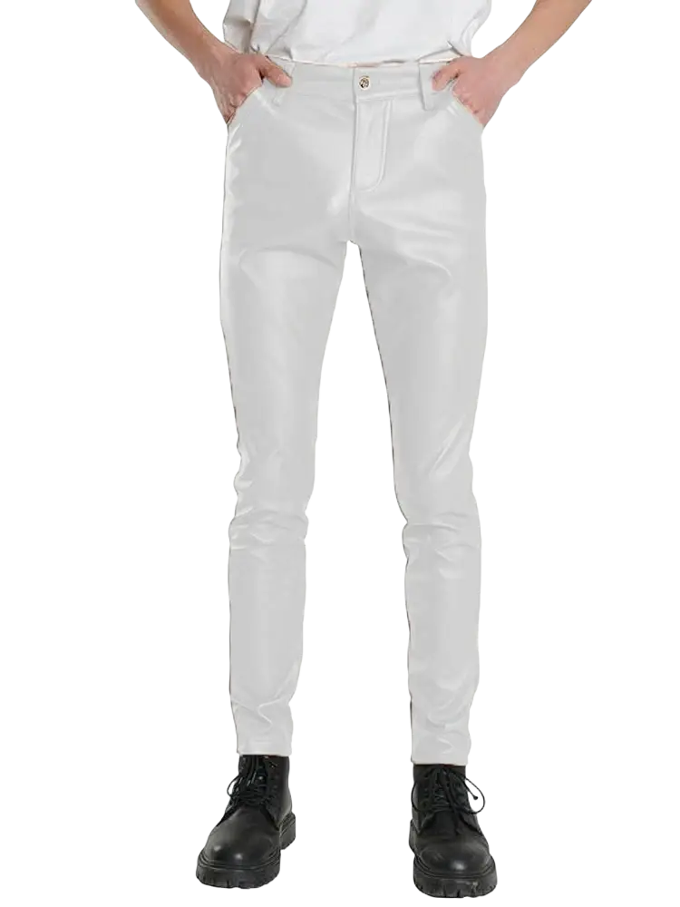 White faux leather skinny jeans with a sleek glossy finish complement light blue pu leather slim fit men trousers