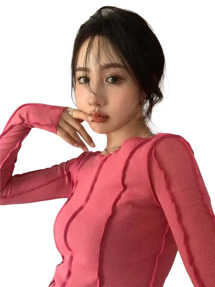 Pink ribbed long sleeve top for women with a slim, fitted design suitable for casual wear