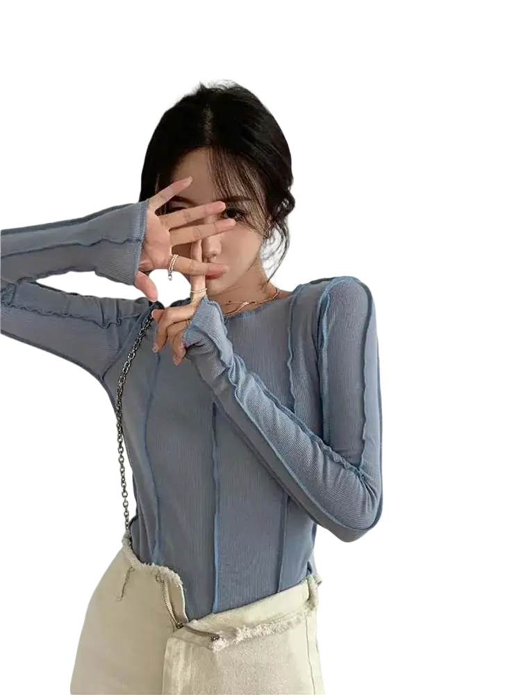 Light blue ribbed long sleeve top for women with slim fit and ruched detailing along the arms for casual wear