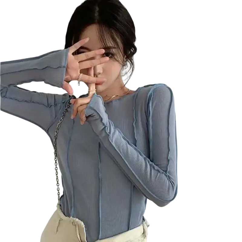 A light blue ribbed long sleeve top for women with slim fit and ruched detailing for casual wear