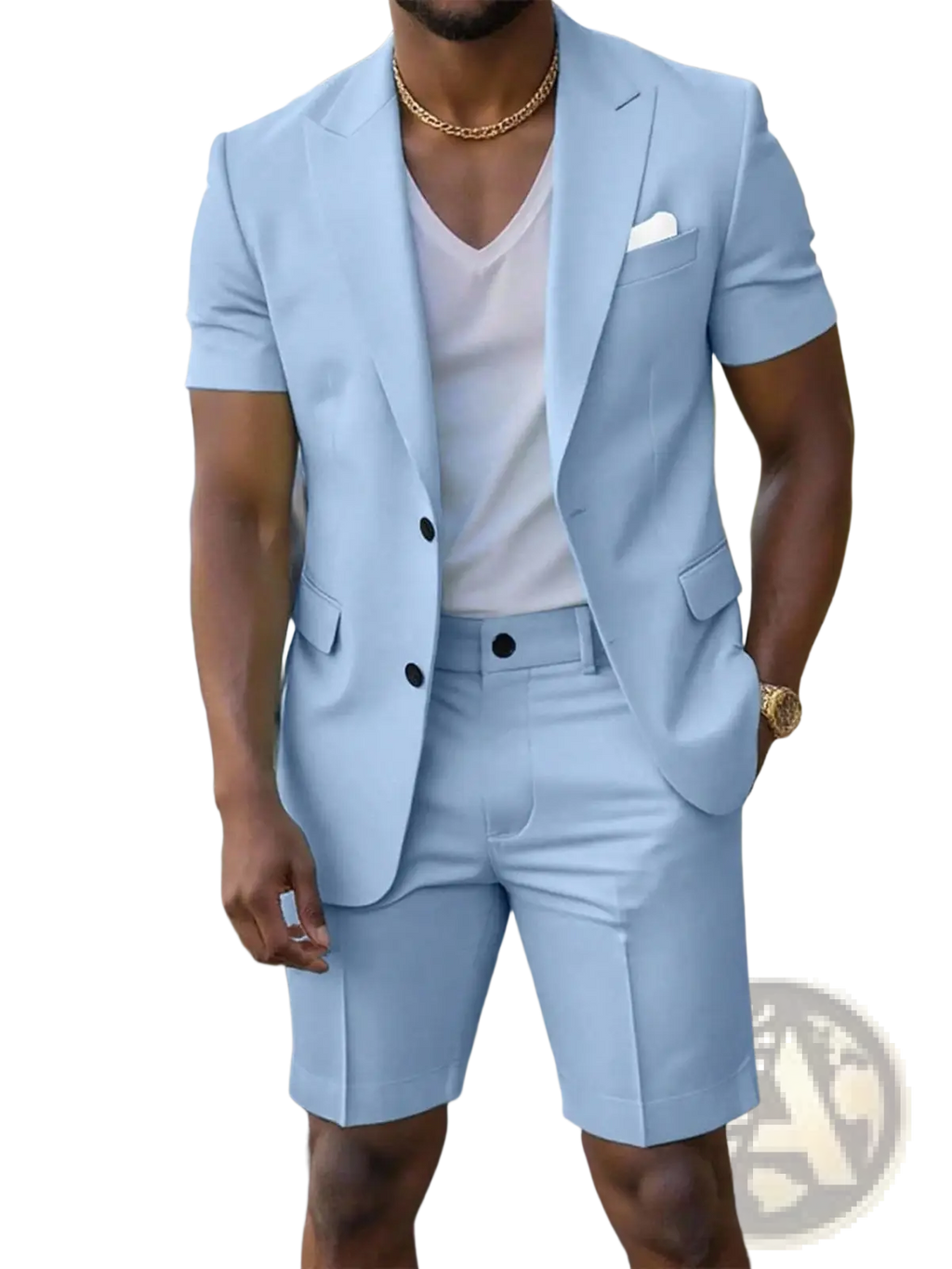 Light blue short sleeve suit and shorts set with black buttons and white pocket square in a lightweight fabric
