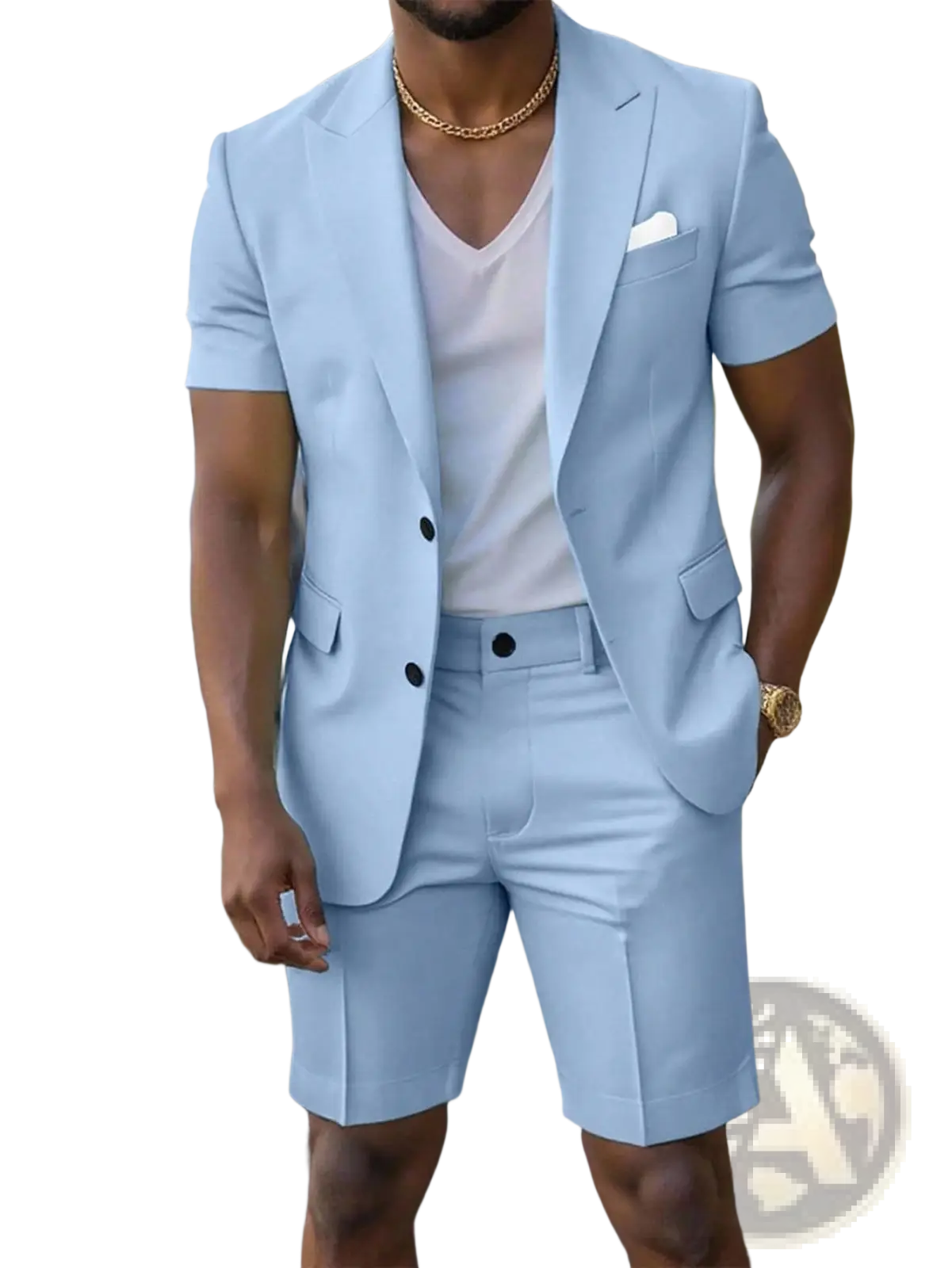Light blue short sleeve suit and shorts set with black buttons and white pocket square in a lightweight fabric