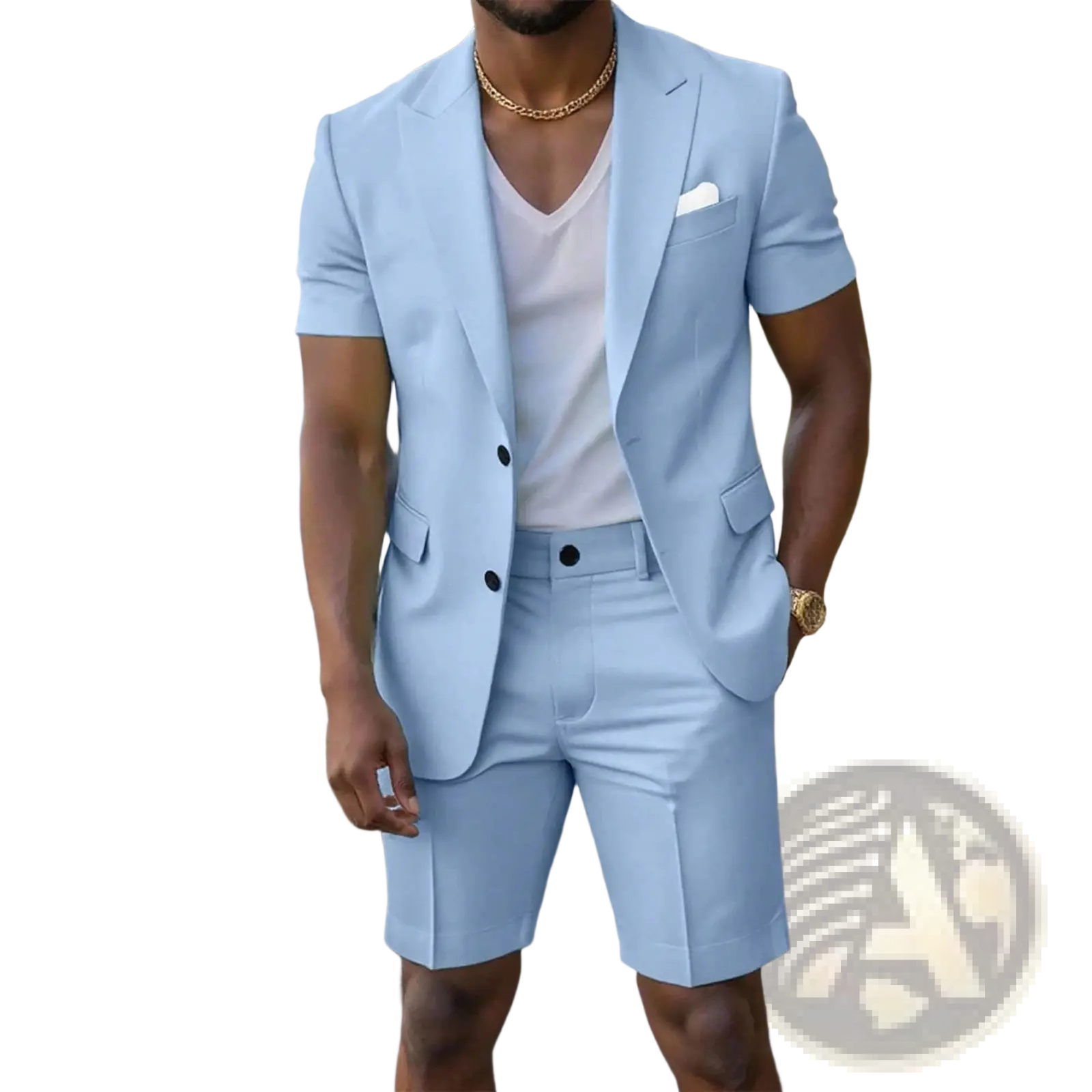 Light blue short sleeve suit and shorts set with black buttons featuring a lightweight fabric for warm weather