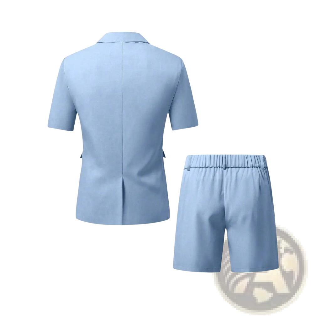 Light blue short sleeve blazer and matching shorts set made from lightweight fabric ideal for casual summer wear