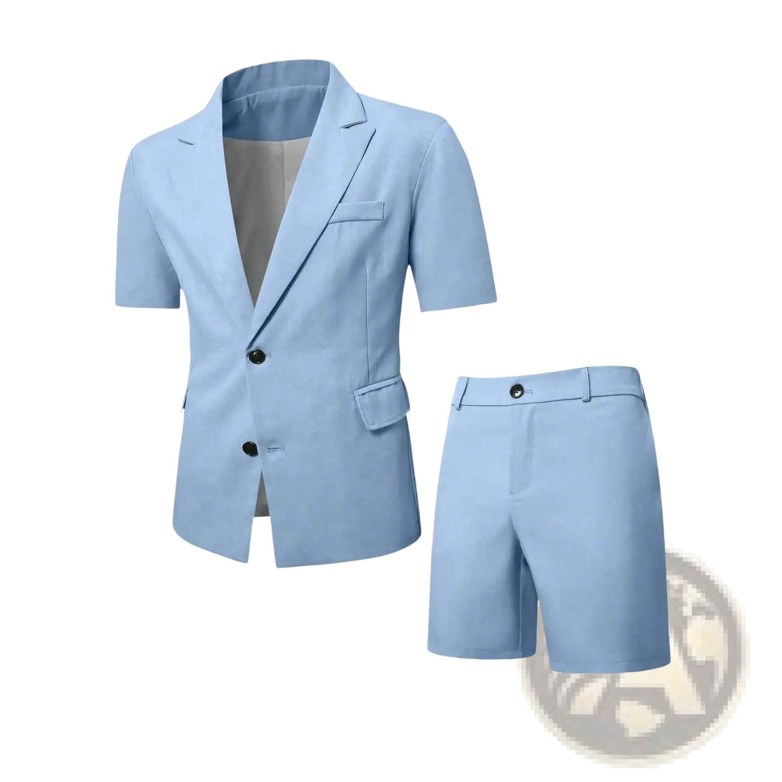 Light blue short sleeve suit and shorts set featuring a tailored blazer and matching shorts in lightweight fabric