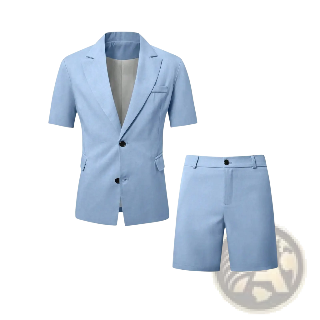 Light blue short sleeve suit and shorts set in lightweight fabric perfect for casual or semi-formal wear
