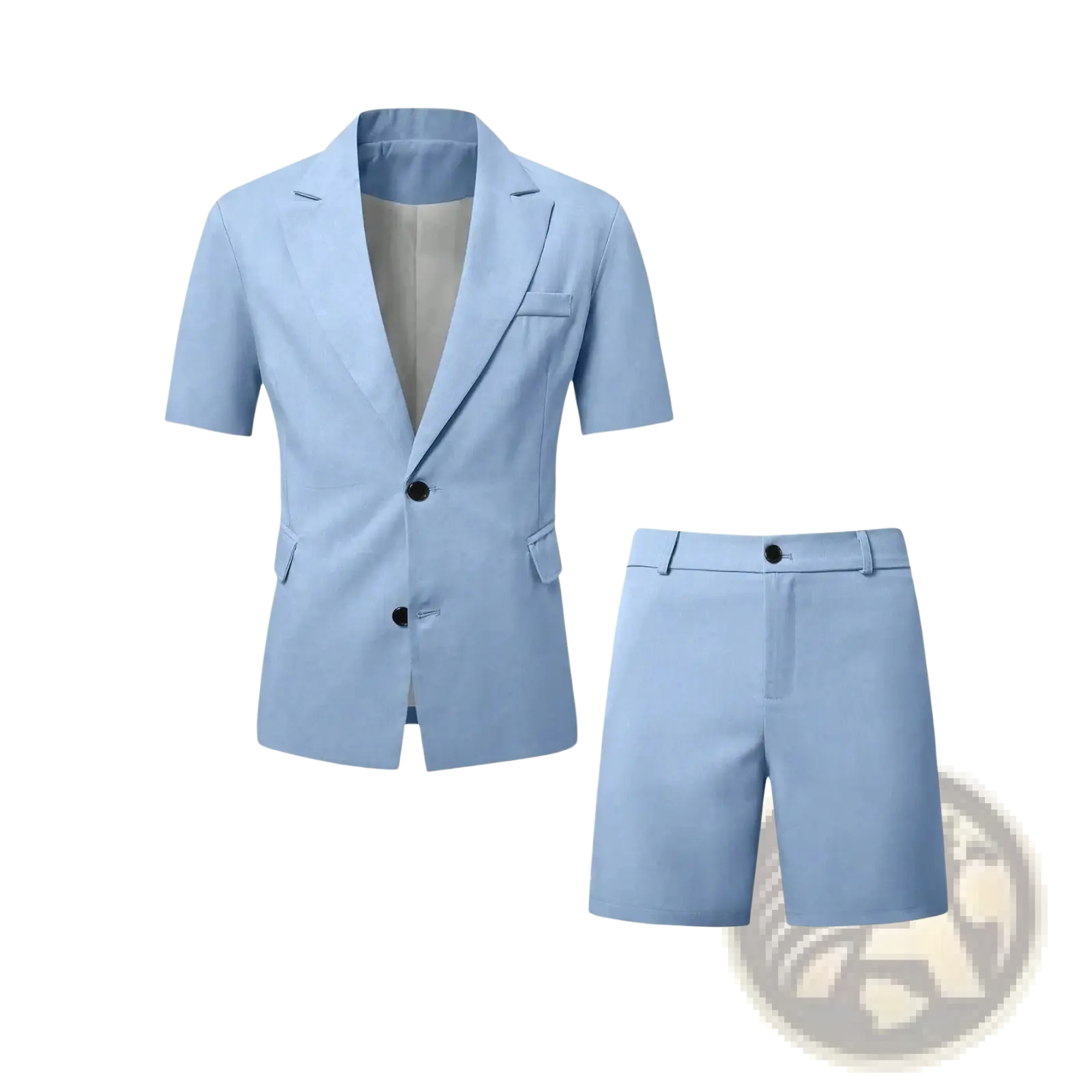 Light blue short sleeve suit and shorts set in lightweight fabric perfect for casual or semi-formal wear