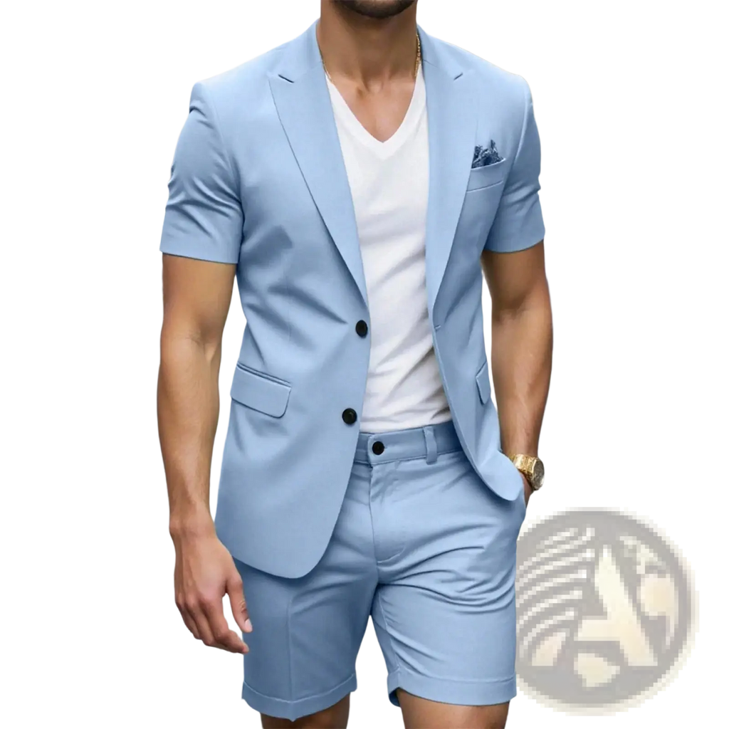Light blue short sleeve blazer with black buttons and pocket square, part of a suit and shorts set