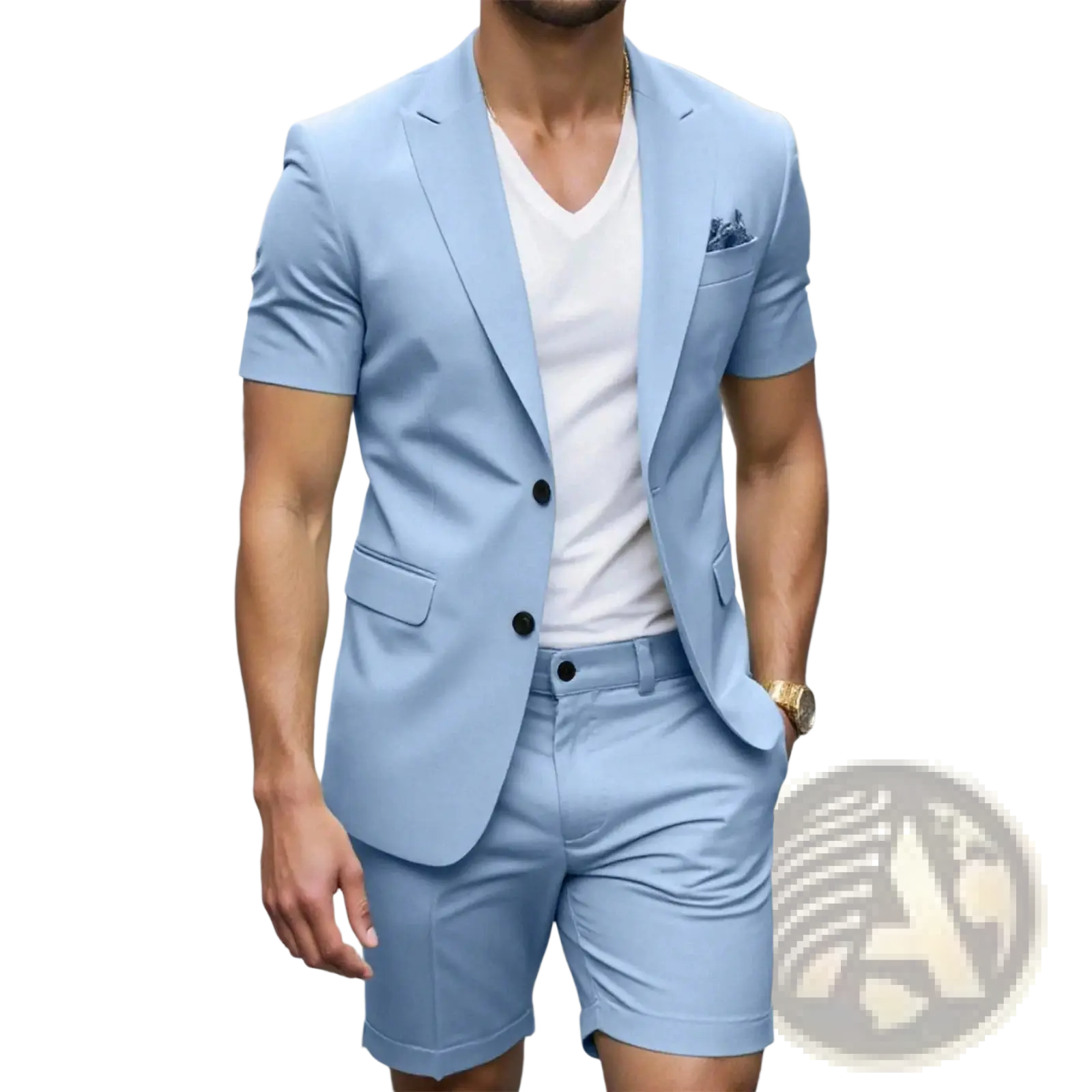 Light blue short sleeve blazer with black buttons and pocket square, part of a suit and shorts set