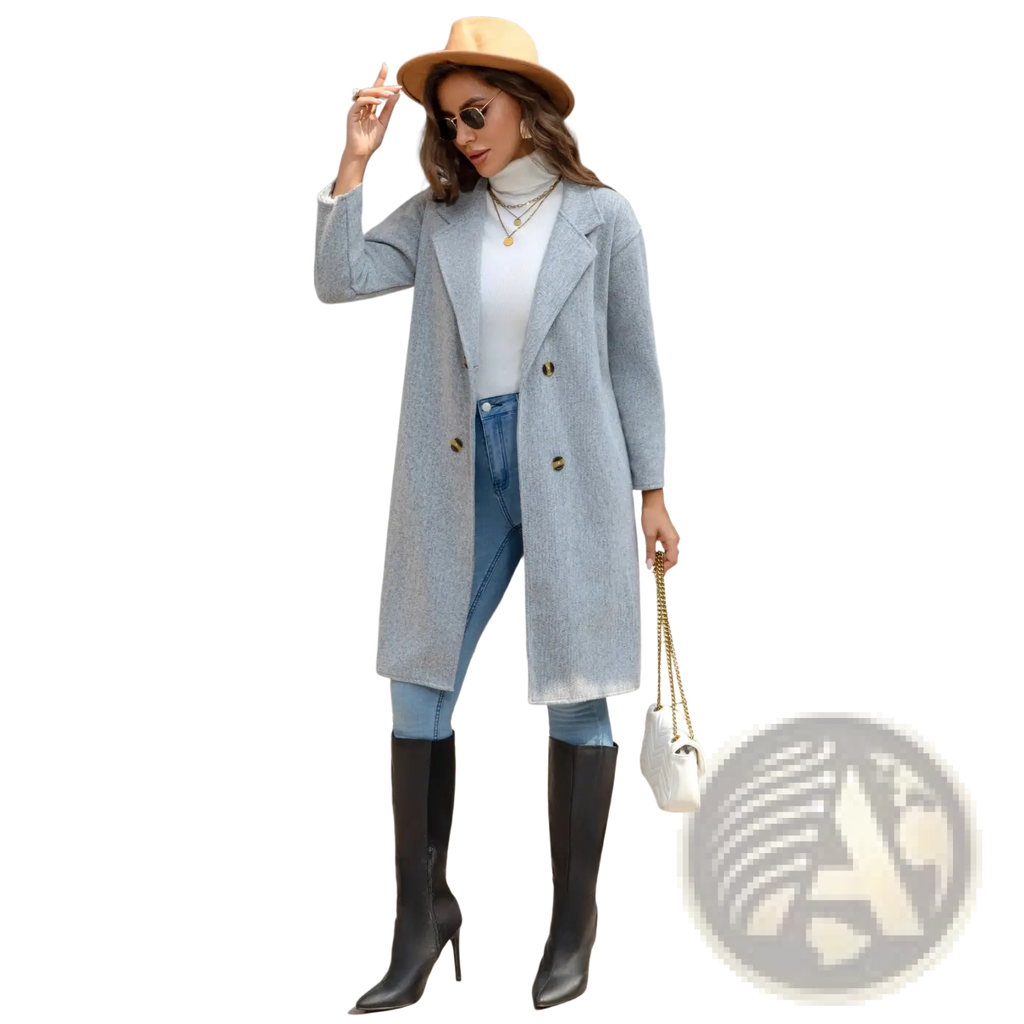 Light blue wool coat slim retro double breasted with textured fabric and gold buttons for stylish outerwear