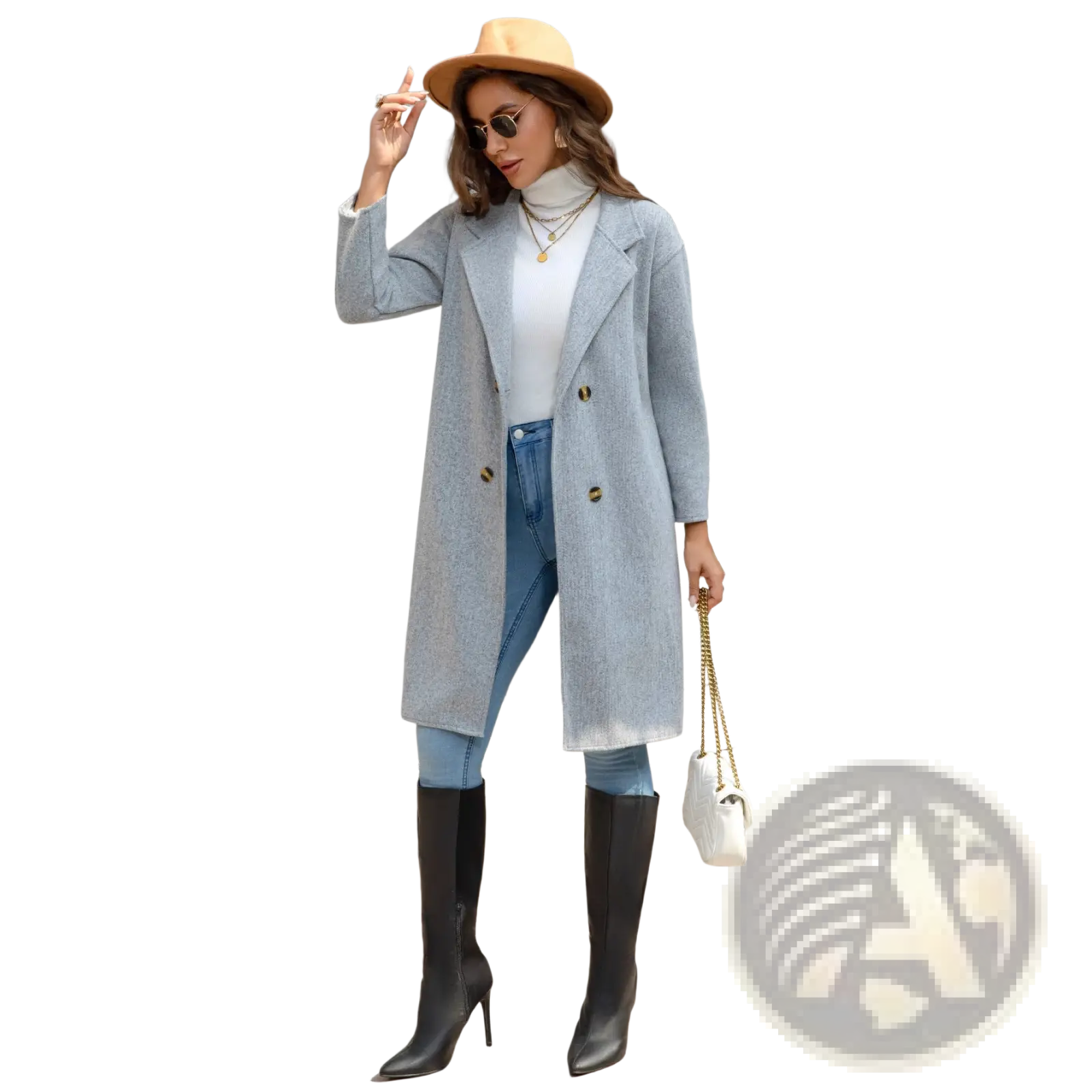 Light blue wool coat slim retro double breasted with textured fabric and gold buttons for stylish outerwear