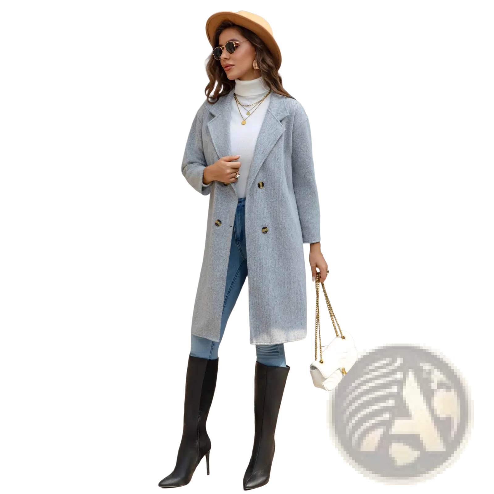 Light blue wool coat slim retro double breasted with textured fabric and gold buttons for stylish outerwear