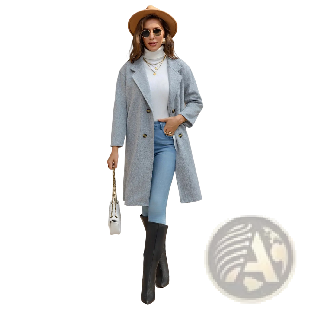 Light blue wool coat with slim retro fit and classic gold buttons in a double breasted design