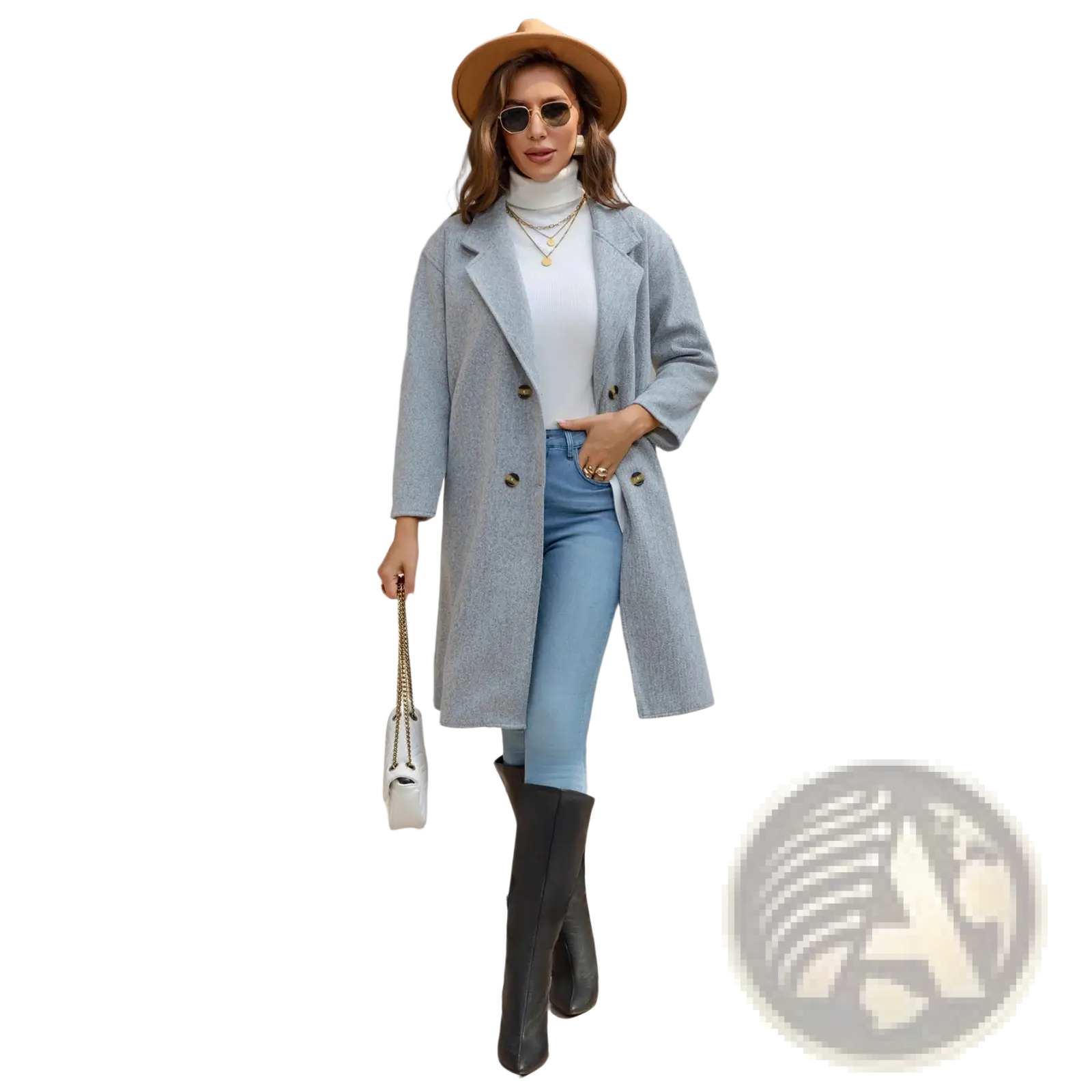 Light blue wool coat with slim retro fit and classic gold buttons in a double breasted design