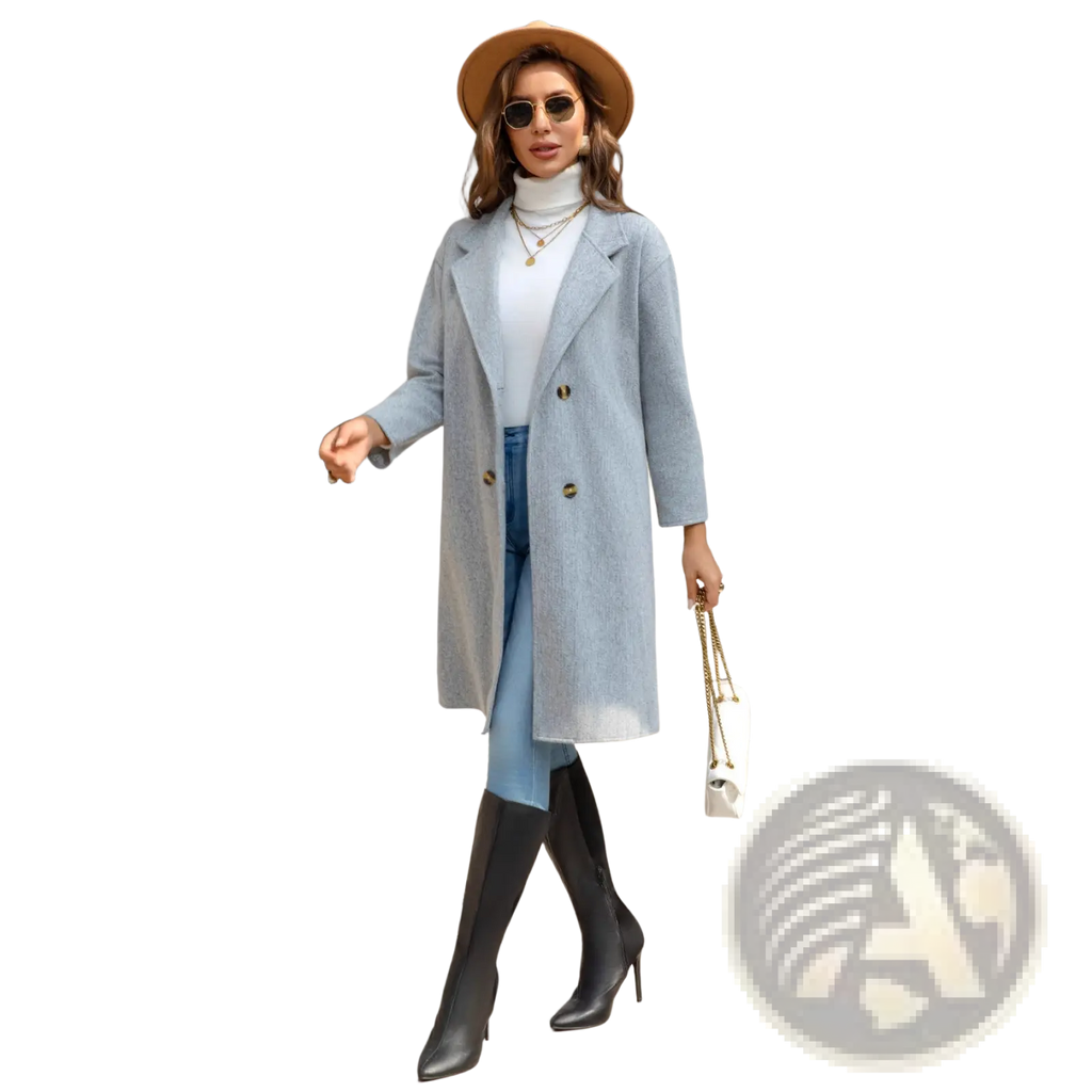 Light blue wool coat slim retro double-breasted with gold buttons showcasing a classic elegant winter outerwear design