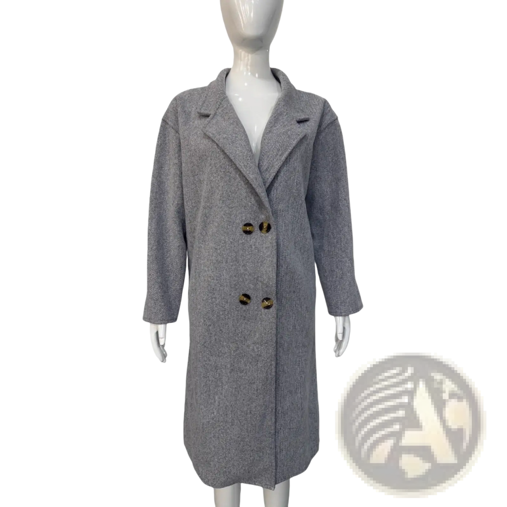 Gray woolen double-breasted coat with dark brown buttons in a light blue wool slim retro double-breasted style