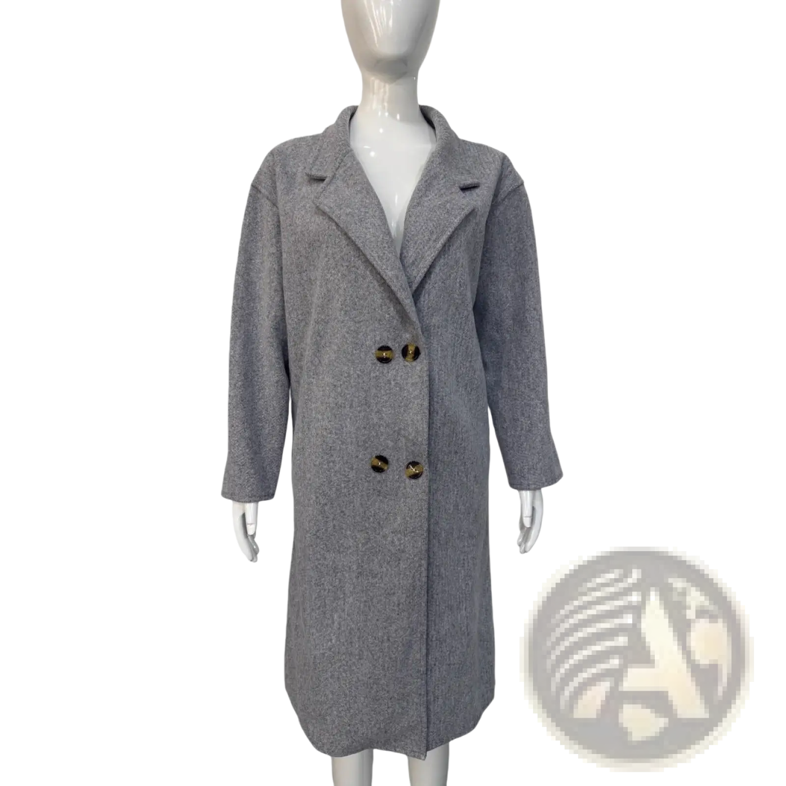 Gray woolen double-breasted coat with dark brown buttons in a light blue wool slim retro double-breasted style
