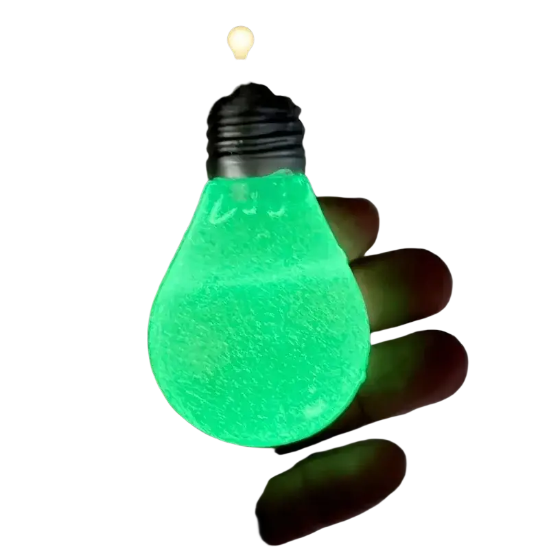 A glowing green light bulb squeeze toy with a textured translucent surface and metallic screw base for stress relief