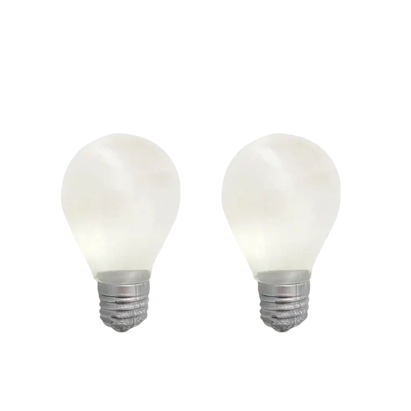 Two frosted glass incandescent light bulb squeeze toys with metallic screw bases for sensory fidget stress relief