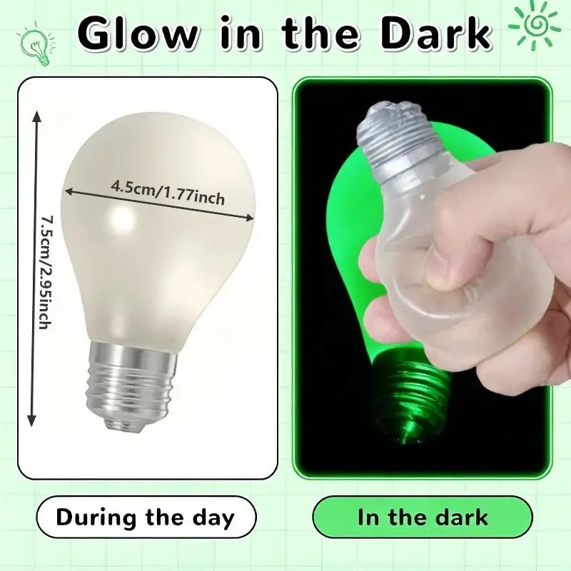 Translucent frosted glass light bulb squeeze toy with metallic base that glows green for sensory stress relief