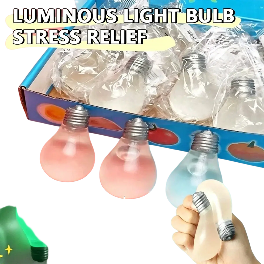 Translucent pink and white light bulb squeeze toy sensory stress reliever with metallic screw base