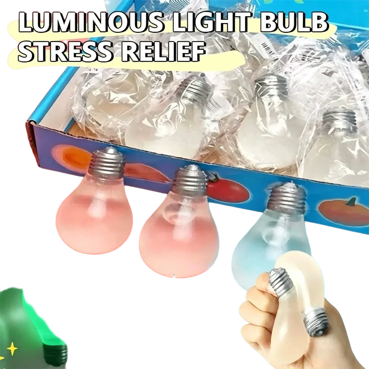 Translucent pink and white light bulb squeeze toy sensory stress reliever with metallic screw base
