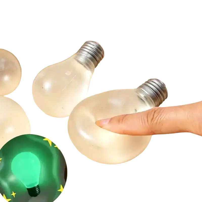 Translucent white light bulb-shaped stress ball with metallic screw base for sensory stress relief and squeezing
