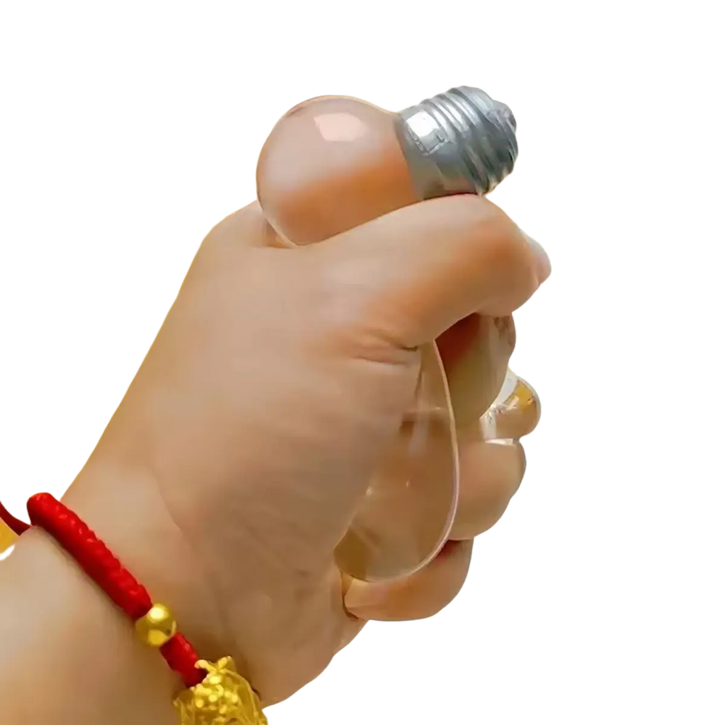 Transparent light bulb squeeze toy with metallic screw base made of squishy material for sensory stress relief