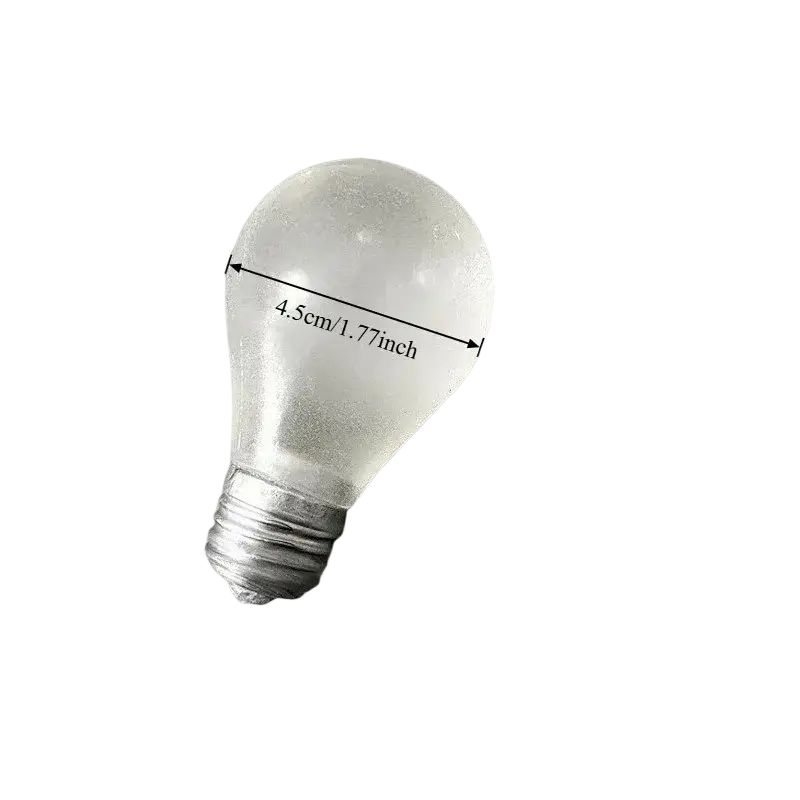Frosted glass light bulb stress relief squeeze toy with metallic screw base measuring 7.5cm by 4.5cm