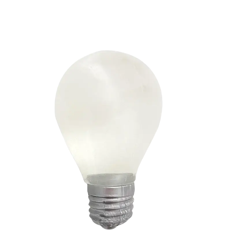 A frosted white incandescent light bulb stress relief squeeze toy with a metallic screw base for stress relief