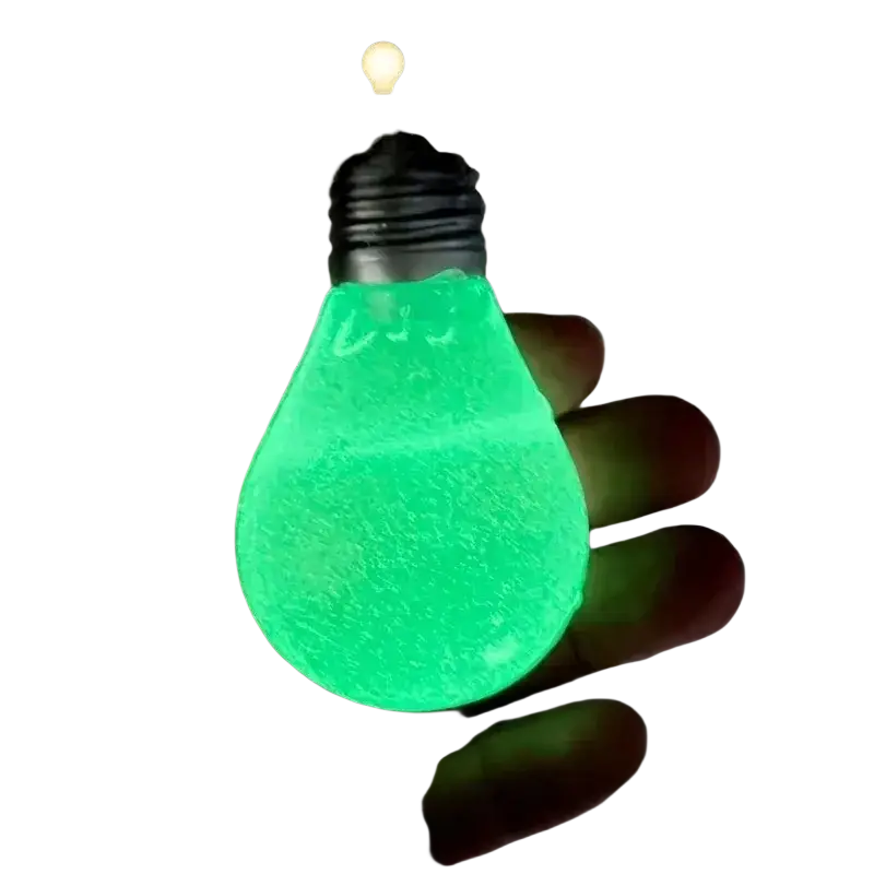 A glowing green light bulb stress relief squeeze toy with a textured translucent surface and metallic screw base