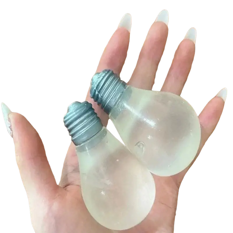 Two translucent frosted glass light bulb stress relief squeeze toys with metallic blue screw bases held in hand